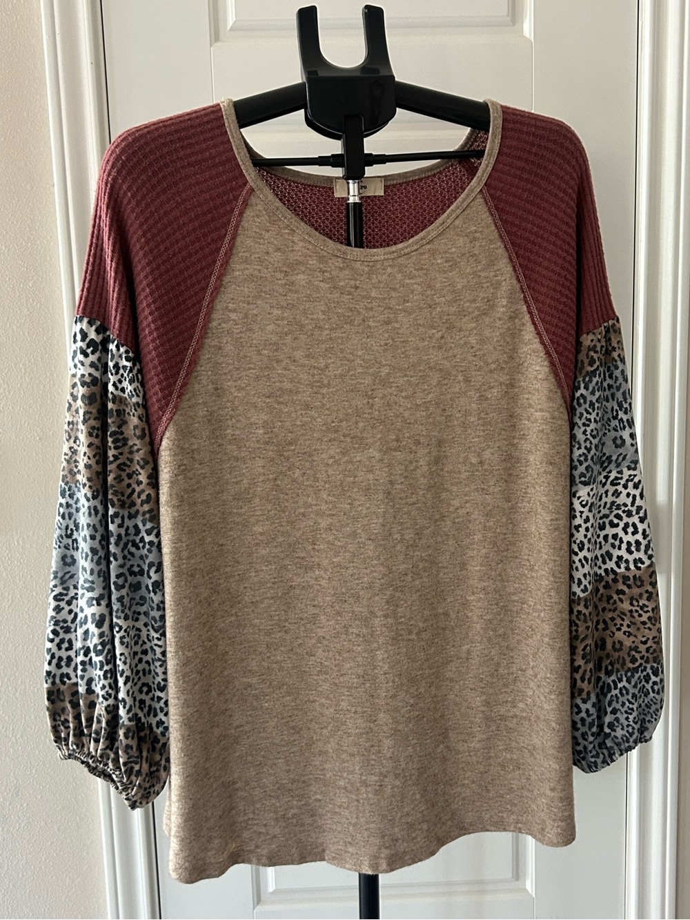 Entro Beige Body Burgundy Raglan Top with Leopard Sleeves